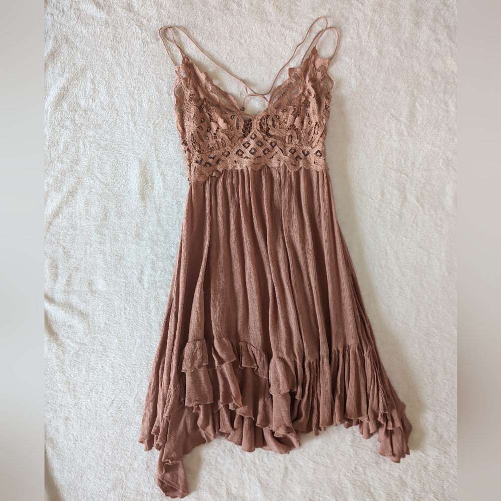 Free People- Adella Lace Slip Ruffle Tiered Asymmetrical Hem V-Neck Sleeveless